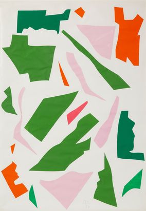 Bunte Papierzuschnitte auf weißem Hintergrund. Dominante Fraben sind grün, rosa und orange.