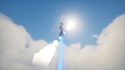 Eine computeranimierte Figur steigt in einen weiß-blauen Wolkenhimmel auf. Von oben fällt gleißendes Licht auf sie herab.