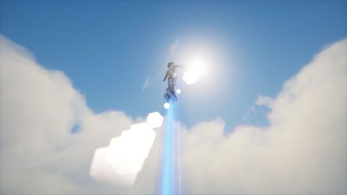 Eine computeranimierte Figur steigt in einen weiß-blauen Wolkenhimmel auf. Von oben fällt gleißendes Licht auf sie herab.