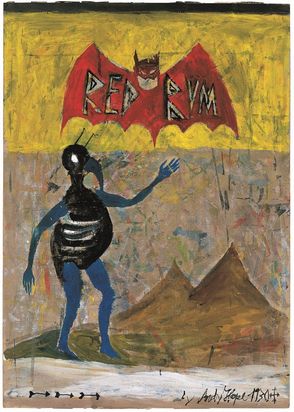 A painting in portrait format. The background in the upper third of the picture is a bright yellow, while the rest of the background is light brown and covered with many colorful spots and lines. At the top of the yellow area, there is a creature reminiscent of Batman. It has a red bat body and a Batman head with a red mask. On the wings of the body, the words “RED RUM” are written in large black letters. At the bottom of the picture, on the right-hand side in the background, there are two light brown mountains. On the left side, there is a creature with a human body and a thick, round belly. Its arms and legs are blue, and its upper body and head are black. The head looks like a mixture of a bird and an insect, with a large beak, white eyes, and antennae. The creature turns its body toward the right edge of the picture and raises its left arm to head height.