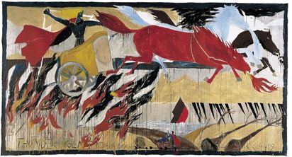 The picture was painted with acrylic on canvas. The background of the picture is light gray with various beige areas. A black frame was painted around the picture. At the top of the picture, there is a two-wheeled cart. The cart is pulled by three horses running toward the right edge of the picture. The horses are running side by side. The front horse is red, the one behind it is light blue, and the one at the back is black. They are breathing fire that is the same color as them. In the carriage pulled by the horses is a person painted in black. Their long yellow hair and long red cape are blowing in the wind. The carriage is driving over flames that are black, white, red, and yellow. In the lower right corner, there is a beach and a small piece of light blue sea. Two dead trees that have been cut down lie on the beach. To the left of the beach, a dark brown path runs along the sea. Where the beach and the path meet, a person who looks like a superhero is sitting on the path. He is much smaller than the person in the cart. He is wearing a dark blue superhero suit with a golden belt and a red cape. He is kneeling, looking towards the horizon, with his hands clasped together and raised as if in prayer. 