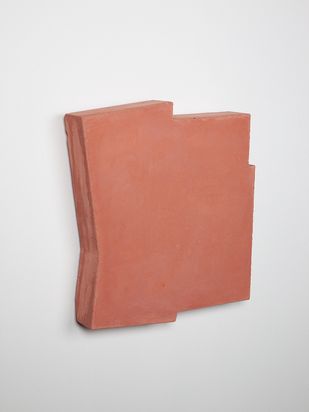 Dreidimensionales rosafarbenes Wandobjekt mit unregelmäßigem Umriss.