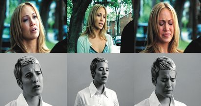 Juxtaposition of three scenes from a feature film with Jennifer Lopez and as many black and white images of a woman with a short haircut imitating the facial expression of the famous singer and actress.