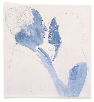 Schemenhafte Bleistiftskizze mit aquarellierten Partien, die eine junge Frau und einen mittelalten Mann zeigt. Die Frau streckt sich zu dem Mann als sei sie im Begriff, ihn zu küssen.