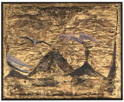 A painting in landscape format. The picture was painted on paper using gouache, oil paint, and gold bronze. The background is golden and dark brown in an irregular, mottled pattern. Three mountains can be seen in the picture: a large one in the middle, a slightly smaller one to its right, and the smallest one on the left. The two larger mountains look like volcanoes, with clouds of smoke rising from them. Two flying dinosaurs are flying above the volcanoes. The one on the left is gray and flying toward the viewer. The other, on the right, is pink and can be seen from the side. A third dinosaur stretches its head into the picture from the left edge. Its head can be seen from the side; it is gray and has no eyes. The head is long and narrow with a long mouth and pointed teeth.