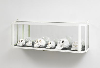 A rectangular display case with a white frame is mounted on a white wall. Inside the display case, several roughly shaped white skulls made of a shiny material rest on a dark surface. The skulls are arranged in a row and vary slightly in shape and size. The display case has glass panels on the sides and front.