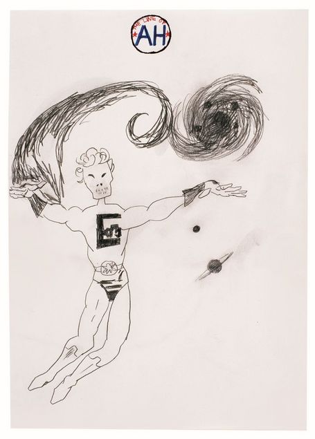 The picture was drawn with a thin black pen on white paper. The picture shows a person with their arms stretched out to the sides. Their legs are bent slightly to the left. The person has large muscles on their arms and is wearing a tight suit with a large letter on the chest. The person's head looks like a skull. The head has short curly hair. A large dark shape extends upward and then to the right from one of the person's arms, looking like a wave. Next to the wave is a dark spot made up of round lines. Next to the person's body are two small planets. At the top of the picture is a circle with the words “THE LIFE OF AH” written in red and blue letters.