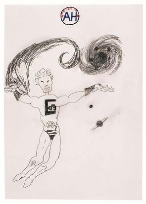 The picture was drawn with a thin black pen on white paper. The picture shows a person with their arms stretched out to the sides. Their legs are bent slightly to the left. The person has large muscles on their arms and is wearing a tight suit with a large letter on the chest. The person's head looks like a skull. The head has short curly hair. A large dark shape extends upward and then to the right from one of the person's arms, looking like a wave. Next to the wave is a dark spot made up of round lines. Next to the person's body are two small planets. At the top of the picture is a circle with the words “THE LIFE OF AH” written in red and blue letters.