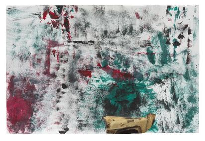 An abstract composition with predominantly white, red, and green colour fields. The surface is strongly textured with visible brushstrokes. In the lower area, there is a small collage element showing a cut-out car bonnet.