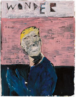 The picture shows the body of a figure from the chest up to the head. The person is wearing dark blue clothing and has short blonde hair. They are holding their left hand at chest height and are wearing a dark blue glove on it. The background consists of three stripes in different colors. The bottom stripe is black, the middle one is pink. The top stripe is white and has the word “Wonder” written on it in black capital letters.