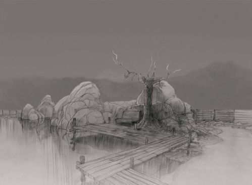 Landscape sketch with architectural elements. The atmosphere is gray and deserted
