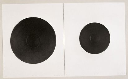 Two-part work consisting of heliogravures, each showing a larger and a smaller black circular shape resembling a hotplate in the center.
