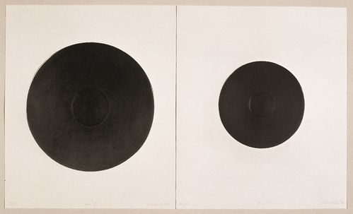 Two-part work consisting of heliogravures, each showing a larger and a smaller black circular shape resembling a hotplate in the center.
