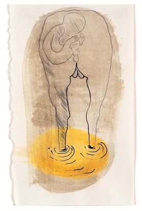 Zeichnung eines durchsichtigen Pferdehinterteils mit einem angedeuteten Emryo darin, zu seinen Füßen ein gelber, pfützenartiger Fleck.