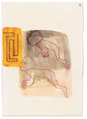 Abstrakte Grafik mit zwei stilisierten, rotfarbenen menschlichen Figuren in kriechender Bewegung, übereinandergelegt auf transparenten Grau- und Beigetönen; links ein gelbes, geometrisches Rechteck mit Linienmotiv.