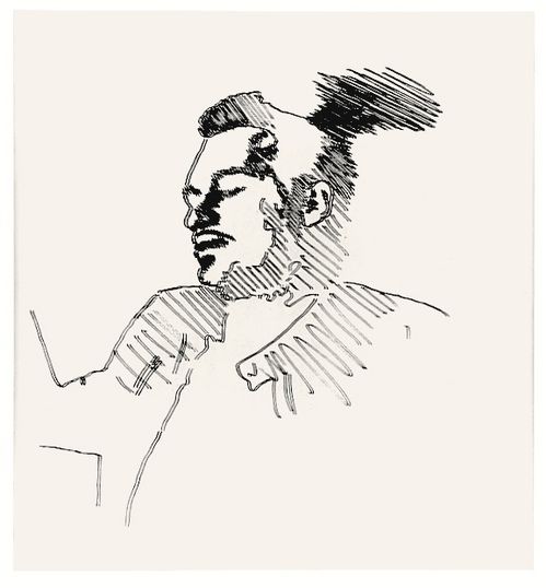 Schemenhafte Zeichnung des Oberkörpers eines jungen Mannes, angedeutet liegend oder in Bewegung. Er schließt verträumt die Augen, von seinem Hinterkopf aus staffeln sich schwarze, schattenartige Linien schräg nach Oben.