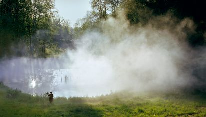Fog hangs over a small lake in a forest clearing. The silhouette of a person in a hat can be seen on the shore. She is carrying something on her hand, perhaps a bird of prey.