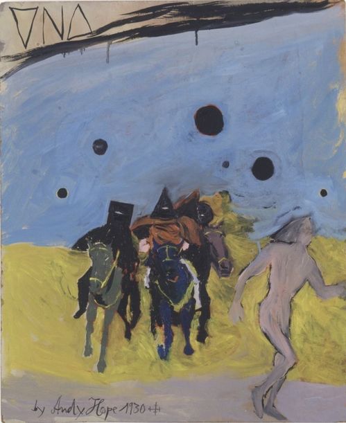 Der Hintergrund ist in eine blaue Fläche im oberen Bereich des Bildes und eine gelbe Fläche im unteren Bereich aufgeteilt. Drei Pferde, die von schwarz gekleideten Gestalten geritten werden, laufen auf den Betrachter zu. Eine unbekleidete Person im Vordergrund läuft rechts Richtung Bildrand.