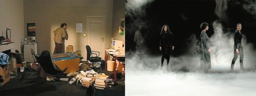 Two images side by side: in a messy office room, a man listens through the wall and four figures stand on a kind of stage with artificial smoke