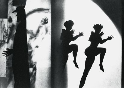 Three black silhouettes against painted abstract black and white backdrop. On the left the profile of a man wearing a hat, on the right the silhouettes of two women who look as if they "jump" out of the picture sideways with one leg bent and one stretched. 