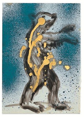 Ein Gemälde eines bärenartigen Wesens aus schwarzer und goldener Farbe mit blauen Sprenklern im Hintergrund.
