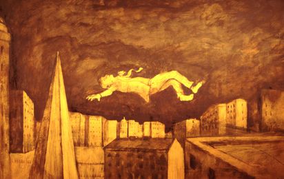 In braun- und gelbtönen gemalte Ansicht eines Mannes, der in der Luft schwebt, unter ihm die Dächer einer Stadt. 