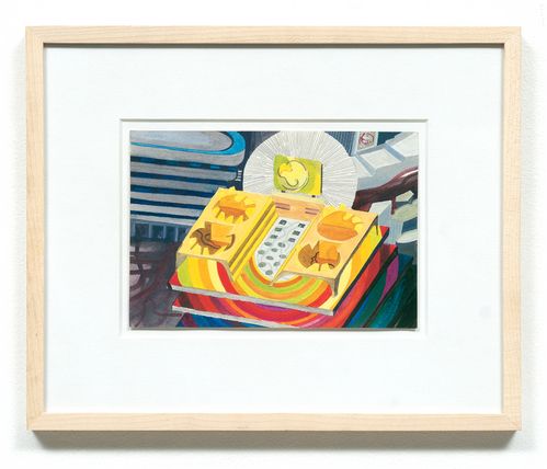 Gerahmte, farbenfrohe Illustration eines futuristischen, symmetrischen Gebäudemodells auf einer regenbogenfarbenen Plattform. In der Mitte führt eine Rampe zu einem gelben Element mit einer stilisierten Weltkarte vor einem strahlenförmigen Kreis, während im Hintergrund abstrahierte Stadtgebäude zu sehen sind.