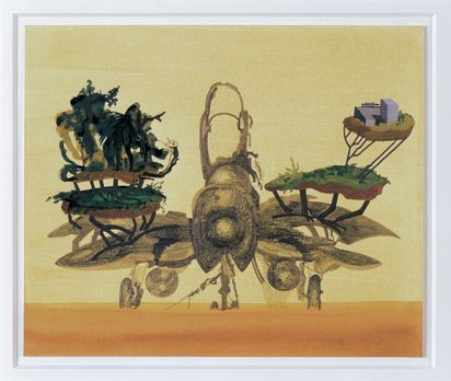 Motif of an aircraft-like vehicle with small wooded plains stacked vertically on its wings; on the top right-hand level, there is a platform with a concrete building. The background and ground are painted in watercolor earth tones.