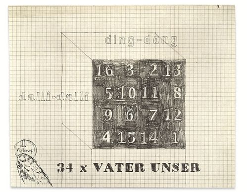 Liniertes Papier mit verschiedenen Zeichnungen, mittig ein Kubus mit Zahlen, links unten ein vogelähnliches Gebilde mit einer Münze, sowie verstreut die Worte "34 x VATER UNSER",  "dalli-dalli" und "ding-dong".