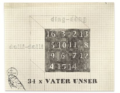Liniertes Papier mit verschiedenen Zeichnungen, mittig ein Kubus mit Zahlen, links unten ein vogelähnliches Gebilde mit einer Münze, sowie verstreut die Worte "34 x VATER UNSER",  "dalli-dalli" und "ding-dong".