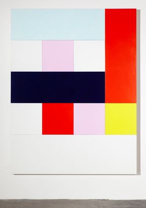 Geometrisch-abstraktes Werk. Ein Rechteck unterteilt in farbige Farbfelder: hellblau, rosa, rot, dunkelblau, gelb und weiß. Die Größe der Felder und deren Anordnung ist unregelmäßig.