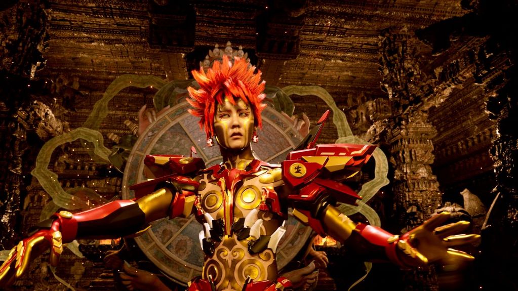 Eine computeranimierte Figur trägt ein rot-gelbes Kostüm, das an ein Superhelden-Outfit erinnert, aber auch asiatische Elemente aufweist. Die Figur steht vor einem Hintergrund, der an einen buddhistischen Schrein erinnert.