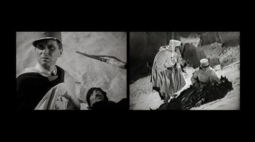 Two black and white images side by side. On the left, a man lies next to a rifle on sandy ground. In the foreground is another man in uniform. On the right, a man in Bedouin garb and a man in uniform bend over a third man on the ground.