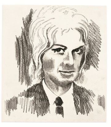 In Bleistift skizziertes Porträt einer Person, deren Gesichtszüge durch Schminke und Augenaufschlag weiblich konnotiert wirken. Sie trägt einen Anzug mit Krawatte und scheint nur knapp am Betrachtenden vorbeizublicken.