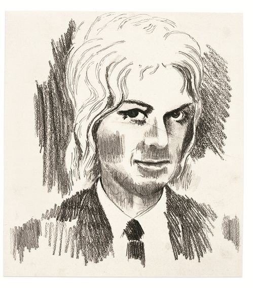 In Bleistift skizziertes Porträt einer Person, deren Gesichtszüge durch Schminke und Augenaufschlag weiblich konnotiert wirken. Sie trägt einen Anzug mit Krawatte und scheint nur knapp am Betrachtenden vorbeizublicken.