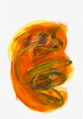 Abstrakte Malerei. Ein formloses Gebilde, das an eine Bohne erinnert, besteht aus kräftigen rotbraunen, geben, grünen, und braunen Pinselstrichen.