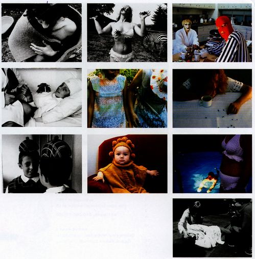 10 Standbilder aus der Videoarbeit "Yvonne", die Kinder und Erwachsene verschiedenen Alters in Kontext zu Textilien, insbesondere Strickstücke stellen.