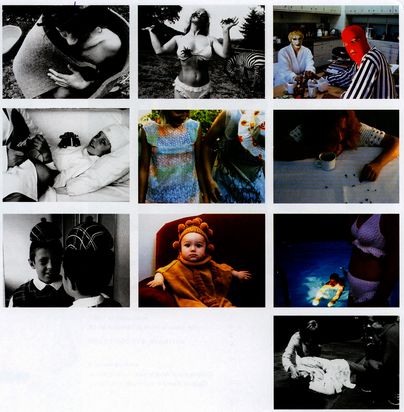 10 Standbilder aus der Videoarbeit "Yvonne", die Kinder und Erwachsene verschiedenen Alters in Kontext zu Textilien, insbesondere Strickstücke stellen.