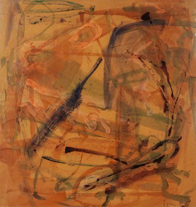 Abstrakte Malerei. Wässrige Pinselstriche in ´grün, braun, rostrot auf braunem Hintergrund.