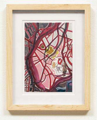 Abstract watercolor map in a classic bird's-eye view with a center in nuanced shades of red