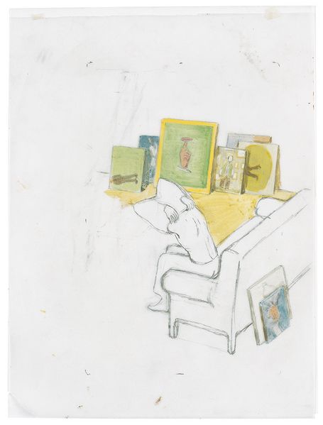 Zeichnung einer Figur, die auf dem Sofa sitzend ihr Oberteil auszieht, im Hintergrund stehen colorierte Leinwände gegen die Wand gelehnt.